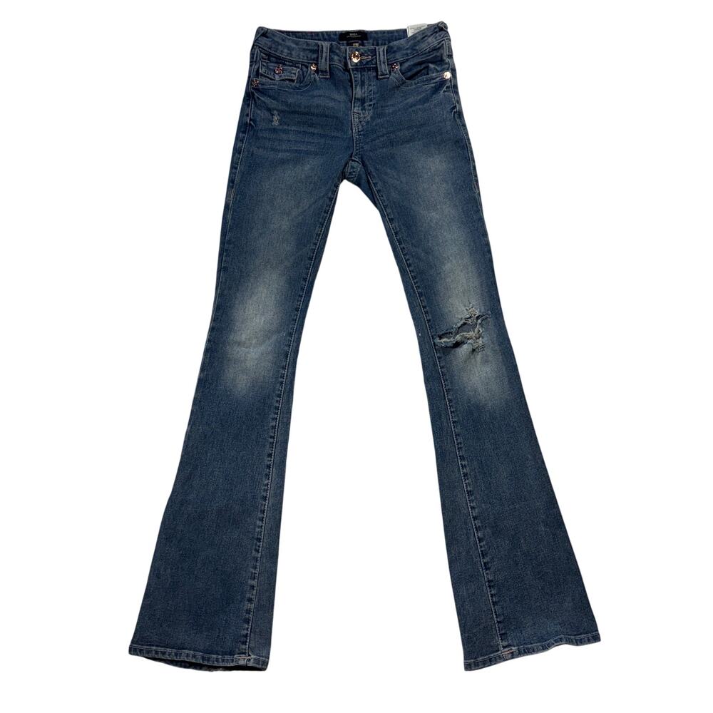 True Religion Becca Jeans Womens 24 Blue Mid Rise Bootcut Distressed Flap Pocket